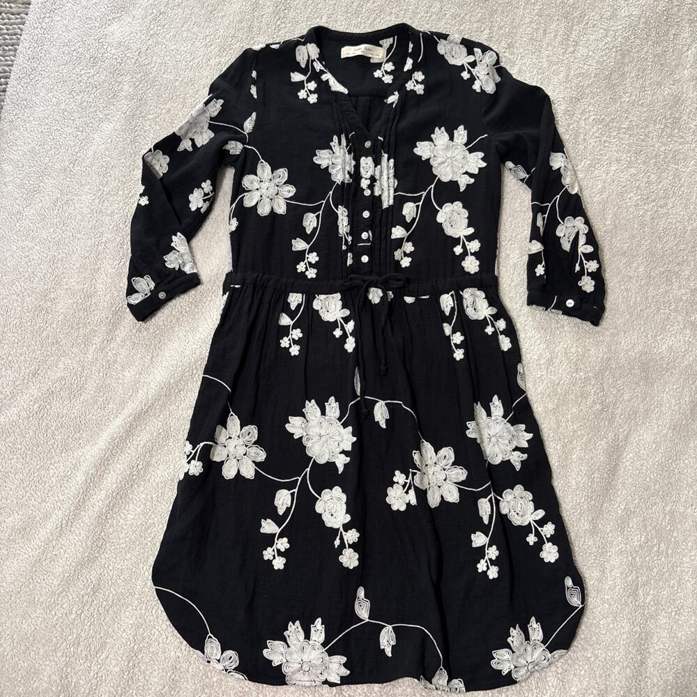 Isabella Sinclair Embroidered Flowers Dress M Black Gauze 100% Cotton Boho, EUC